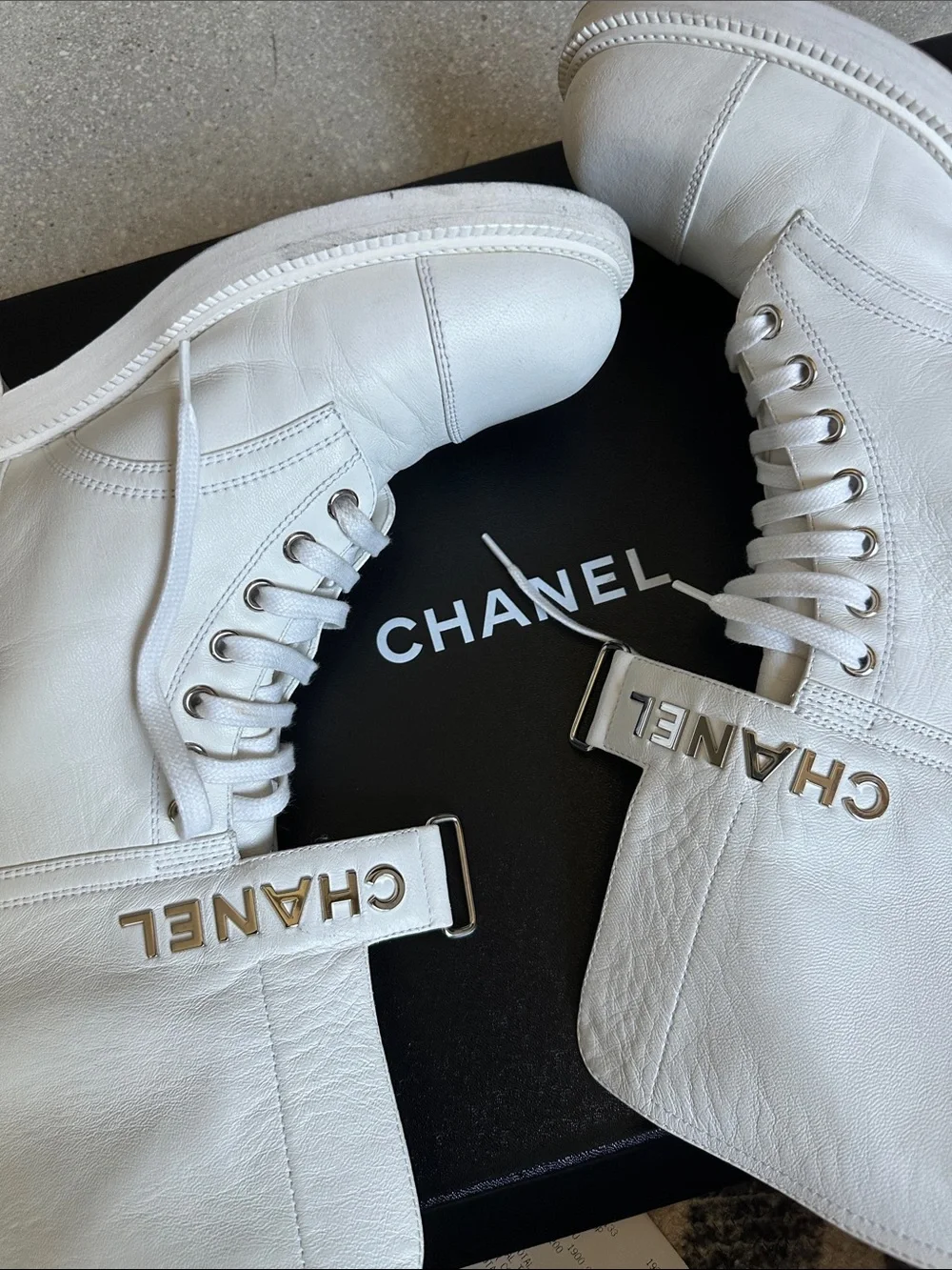 CHANEL White Leather Lace-Up Ankle Combat Boots with Logo